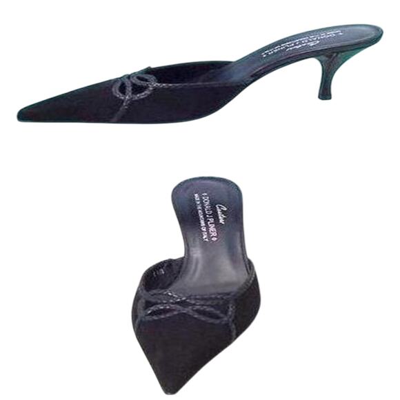 Donald Pliner Black Suede Metallic Leather Mule Shoe Peek A Boo Cutout NIB $235 - Picture 3 of 4